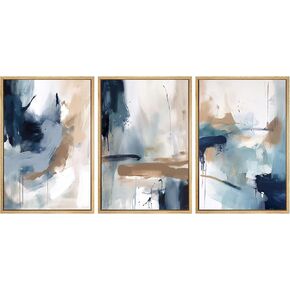 KBKBART Framed Canvas Wall Art Set of 3, Modern Abstract Framed Artwork for Wall, Navy Blue Art Wall Decor, Large Framed Art for Living Room, Mid-Century Modern Art Prints Painting for Bedroom, Office, Gallery - 16"x24"