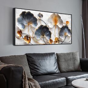 Lotus Leaf Wall Art for Bedroom, Blue and White Leaves Canvas Wall Decor for Living Room, Picture Print Artwork for Office, Size 48 x 24 Inches Framed
