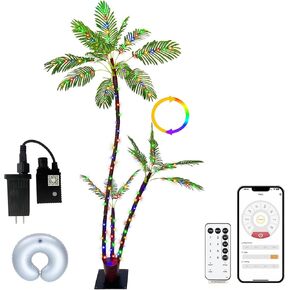 7FT Lighted Artificial Palm Tree with Three Trunks and 260 LED Lights with Remote Control and App Waterproof for Tiki Bars, Patios,Beaches,Yards Pool, Cruise Party-Warm White to Multicolor