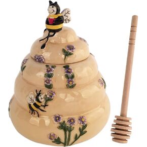 Blue Sky Clayworks Beautiful Hive and Jolly Bees Honey Pot with Dipper Stick