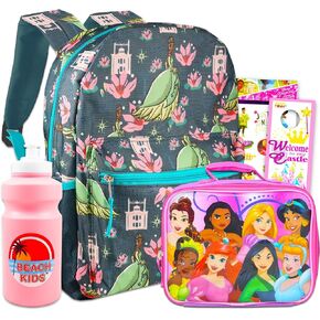 Princess and the Frog Backpack and Lunch Box Set - Bundle with 16" Princess Tiana Backpack, Princess Lunch Bag, Stickers, Water Bottle, More | Princess and the Frog Backpack for Girls