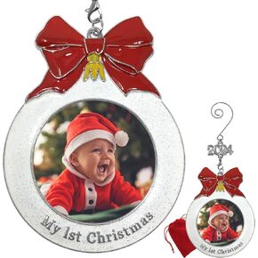 Baby's 1st Christmas Dated Photo Ornament with a 2024 Charm - Shaped Like a Bulb with White Glitter and A Red Bow Design - Gift/Storage Bag Included