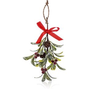 Christmas Mistletoe Decor with Red Bow, Artificial Mistletoe Hanging Ornament Pine Cones Mistletoe Hanging Bunch Glitter Xmas Tree Accessories Dry Leaf Hanging Decoration for Tree Door