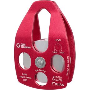 GM CLIMBING Black Large Rescue Pulley 32kN Double Sheave with Swing Plate CE UIAA Certified (Pack of 2)