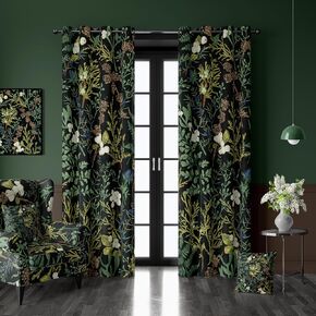 Botanical Curtains 100% Blackout 2 Panels Set Green Plant Black Out Curtain Black Floral Cottage Core Thermal Insulated Window Treatments Decor for Living Room Bedroom Curtain 52x96 Inch