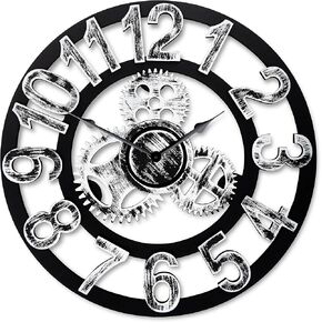 Antique Vintage 16" Round Wall Clock, Wooden Handmade 3D Gear Design (Gold with Roman Numerals)