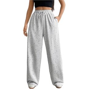 OYOANGLE Women's Polka Dots Elastic Drawstring Waist Sweatpants Athletic Workout Straight Leg Pants