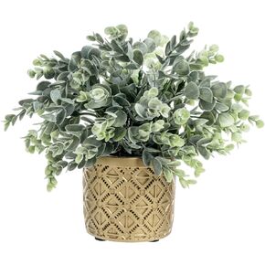 MyGift Artificial Eucalyptus Boxwood Plant in Gold Toned Concrete Pot with Geometric Embossed Pattern, Faux Greenery Potted in Modern Decorative Round Planter