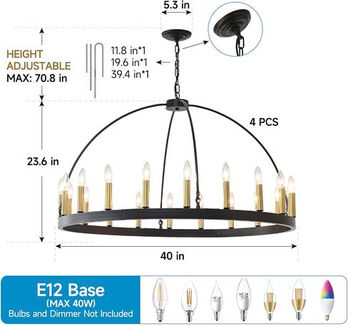 HHR Black and Gold Wagon Wheel Chandelier 9-Light 24 Inch, Black Round Rustic Candle Farmhouse Pendant Light Fixture for High Ceilings, Dining Room Living Room Kitchen Island Foyer Entryway in Kuwait