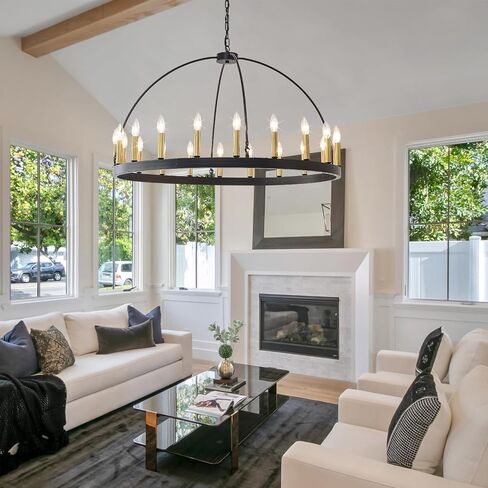 HHR Black and Gold Wagon Wheel Chandelier 9-Light 24 Inch, Black Round Rustic Candle Farmhouse Pendant Light Fixture for High Ceilings, Dining Room Living Room Kitchen Island Foyer Entryway in Kuwait