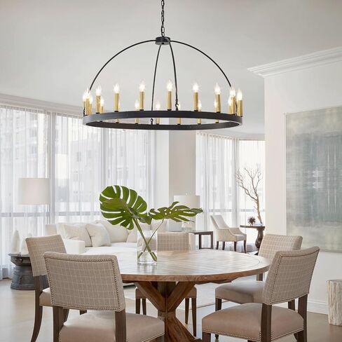 HHR Black and Gold Wagon Wheel Chandelier 9-Light 24 Inch, Black Round Rustic Candle Farmhouse Pendant Light Fixture for High Ceilings, Dining Room Living Room Kitchen Island Foyer Entryway in Kuwait
