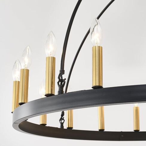 HHR Black and Gold Wagon Wheel Chandelier 9-Light 24 Inch, Black Round Rustic Candle Farmhouse Pendant Light Fixture for High Ceilings, Dining Room Living Room Kitchen Island Foyer Entryway in Kuwait
