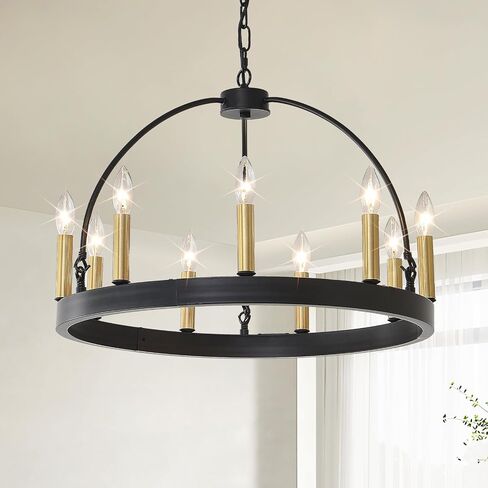 HHR Black and Gold Wagon Wheel Chandelier 9-Light 24 Inch, Black Round Rustic Candle Farmhouse Pendant Light Fixture for High Ceilings, Dining Room Living Room Kitchen Island Foyer Entryway in Kuwait