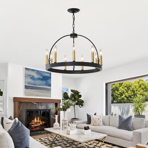 HHR Black and Gold Wagon Wheel Chandelier 9-Light 24 Inch, Black Round Rustic Candle Farmhouse Pendant Light Fixture for High Ceilings, Dining Room Living Room Kitchen Island Foyer Entryway in Kuwait