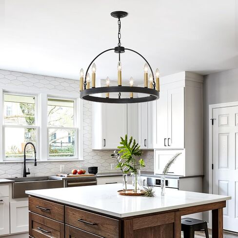 HHR Black and Gold Wagon Wheel Chandelier 9-Light 24 Inch, Black Round Rustic Candle Farmhouse Pendant Light Fixture for High Ceilings, Dining Room Living Room Kitchen Island Foyer Entryway in Kuwait
