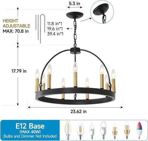HHR Black and Gold Wagon Wheel Chandelier 9-Light 24 Inch, Black Round Rustic Candle Farmhouse Pendant Light Fixture for High Ceilings, Dining Room Living Room Kitchen Island Foyer Entryway in Kuwait