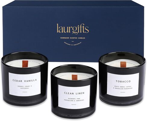 Box of Scented Candles for Men - Aromatherapy Candle Set of 3 Scented Soy Candles with Tobacco, Clean Linen & Cedar Vanilla Scents - Masculine Candle Pack for Men - Mens Candle in Navy Box in Saudi Arabia