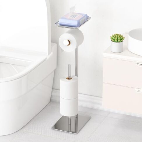 Toilet Paper Holder Stand with Top Storage Shelf, Free Standing Toilet Roll Dispenser for Bathroom, Holds 4 Reserve Rolls in Saudi Arabia