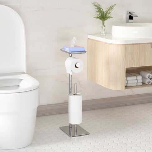 Toilet Paper Holder Stand with Top Storage Shelf, Free Standing Toilet Roll Dispenser for Bathroom, Holds 4 Reserve Rolls in Saudi Arabia