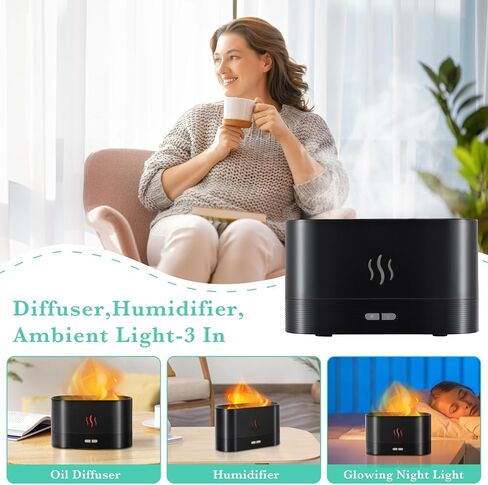 Essential Oil Diffusers, New Air Diffuser with Flame Lights Mist, 230ml Air Humidifier, Diffusers for Bedroom, Home, Office, Ultra Silent & Auto Off Function(Black) in Saudi Arabia