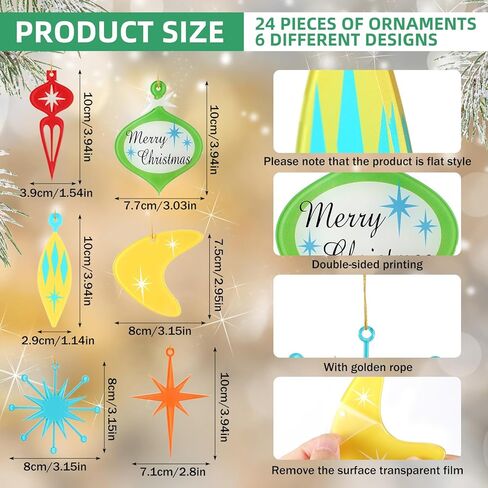 24 Pcs Mid Century Modern Christmas Ornaments Starburst Atomic Christmas Bulb Ornament Acrylic Retro Christmas Ornament Vintage Christmas Ornament Tree Mid Century Holiday Decor in Kuwait