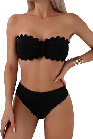 WDIRARA Women's Strapless Swimsuit Scallop Trim Bandeau High Waist Bikini Set Swimwear in Saudi Arabia