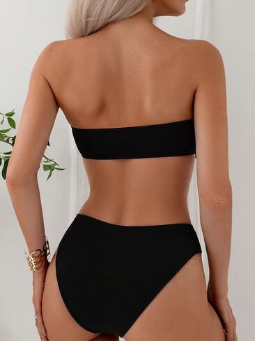 WDIRARA Women's Strapless Swimsuit Scallop Trim Bandeau High Waist Bikini Set Swimwear in Saudi Arabia