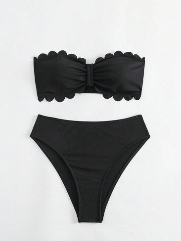WDIRARA Women's Strapless Swimsuit Scallop Trim Bandeau High Waist Bikini Set Swimwear in Saudi Arabia