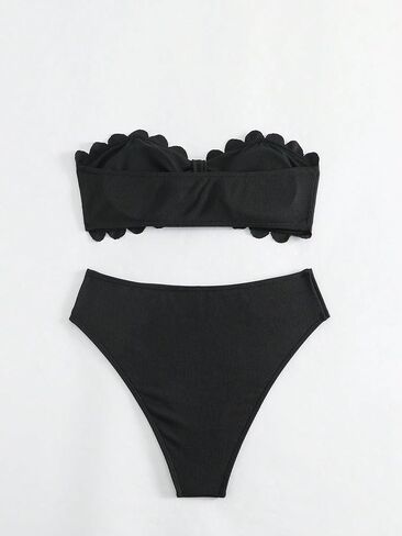 WDIRARA Women's Strapless Swimsuit Scallop Trim Bandeau High Waist Bikini Set Swimwear in Saudi Arabia