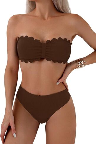 WDIRARA Women's Strapless Swimsuit Scallop Trim Bandeau High Waist Bikini Set Swimwear in Saudi Arabia