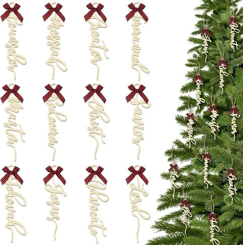 Syhood 24 Pcs Names of Jesus Christ Ornaments Wooden Christ Christmas Decorations Hanging Rustic Jesus Ornaments with Bows for Christmas Tree Church Vintage Religious Home Decor in Saudi Arabia
