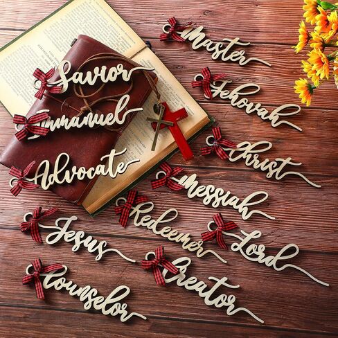 Syhood 24 Pcs Names of Jesus Christ Ornaments Wooden Christ Christmas Decorations Hanging Rustic Jesus Ornaments with Bows for Christmas Tree Church Vintage Religious Home Decor in Saudi Arabia