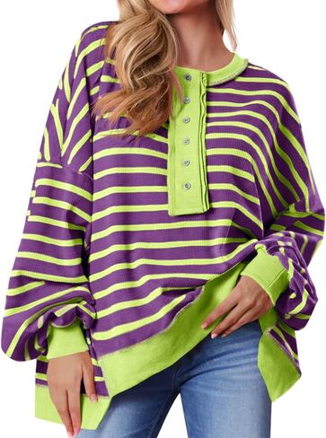 Tankaneo Womens Oversized Striped Sweatshirts Henley Shirts Color Block Casual Pullover Waffle Knit Tops in Saudi Arabia