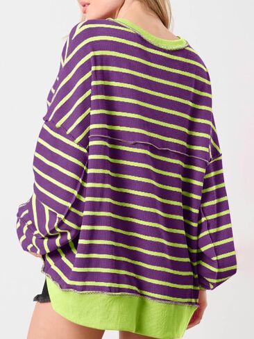 Tankaneo Womens Oversized Striped Sweatshirts Henley Shirts Color Block Casual Pullover Waffle Knit Tops in Saudi Arabia
