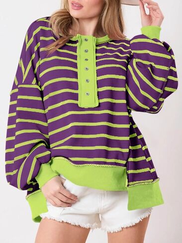 Tankaneo Womens Oversized Striped Sweatshirts Henley Shirts Color Block Casual Pullover Waffle Knit Tops in Saudi Arabia