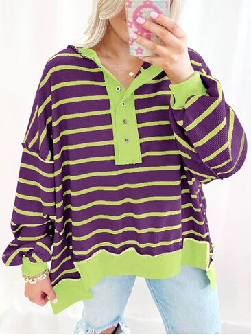 Tankaneo Womens Oversized Striped Sweatshirts Henley Shirts Color Block Casual Pullover Waffle Knit Tops in Saudi Arabia
