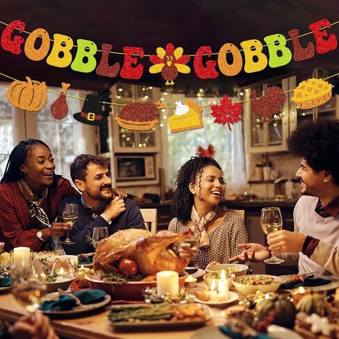 Gobble Gobble Banner، ديكور عيد الشكر، خلفية ممتنة، أعطِ شكرًا، جارلاند، شكرًا لك على كل ما تفعله، فطيرة اليقطين التركية، أوراق القيقب، ديكور الحفلات in Kuwait