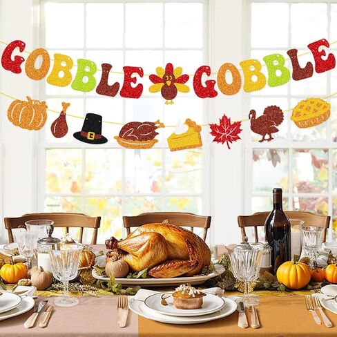 Gobble Gobble Banner، ديكور عيد الشكر، خلفية ممتنة، أعطِ شكرًا، جارلاند، شكرًا لك على كل ما تفعله، فطيرة اليقطين التركية، أوراق القيقب، ديكور الحفلات in Kuwait