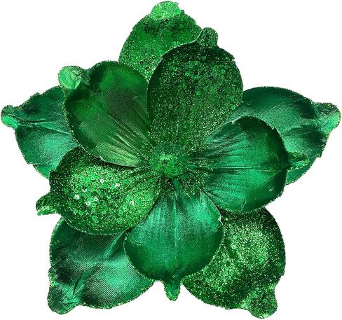 10 Pcs Large Christmas Flowers, Glitter Christmas Flowers 10in Green Artificial Magnolia Flower Ornaments Fold Floral for Christmas Tree Decorations Xmas Tree New Year Party Wedding Centerpiece in Saudi Arabia
