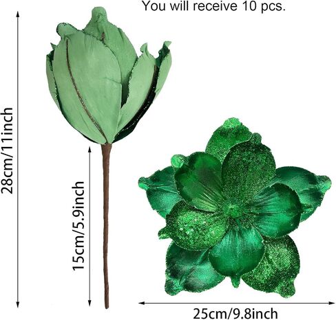 10 Pcs Large Christmas Flowers, Glitter Christmas Flowers 10in Green Artificial Magnolia Flower Ornaments Fold Floral for Christmas Tree Decorations Xmas Tree New Year Party Wedding Centerpiece in Saudi Arabia