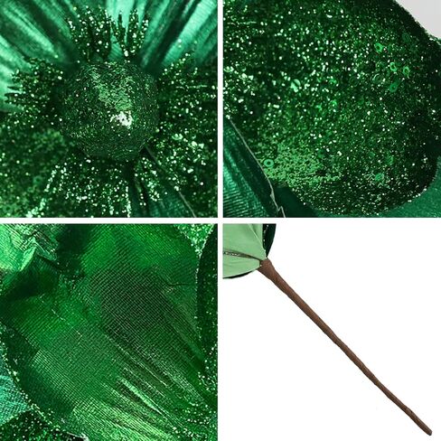 10 Pcs Large Christmas Flowers, Glitter Christmas Flowers 10in Green Artificial Magnolia Flower Ornaments Fold Floral for Christmas Tree Decorations Xmas Tree New Year Party Wedding Centerpiece in Saudi Arabia