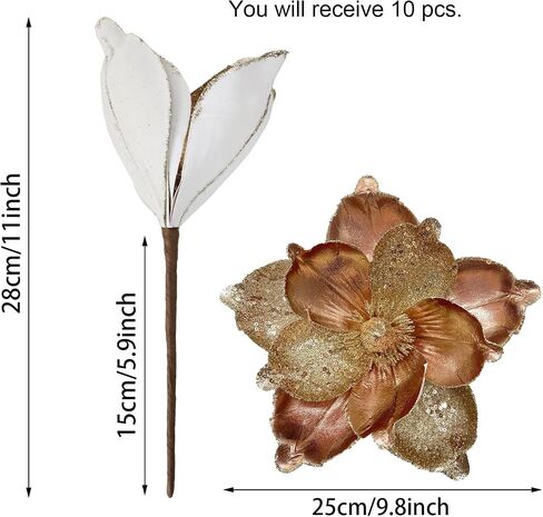 10 Pcs Large Christmas Flowers, Glitter Christmas Flowers 10in Green Artificial Magnolia Flower Ornaments Fold Floral for Christmas Tree Decorations Xmas Tree New Year Party Wedding Centerpiece in Saudi Arabia