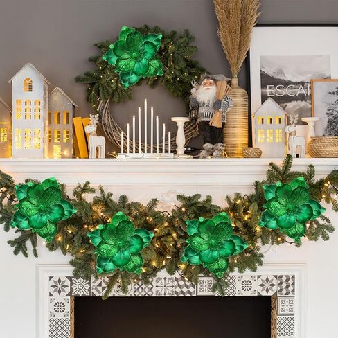 10 Pcs Large Christmas Flowers, Glitter Christmas Flowers 10in Green Artificial Magnolia Flower Ornaments Fold Floral for Christmas Tree Decorations Xmas Tree New Year Party Wedding Centerpiece in Saudi Arabia