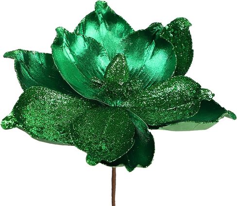 10 Pcs Large Christmas Flowers, Glitter Christmas Flowers 10in Green Artificial Magnolia Flower Ornaments Fold Floral for Christmas Tree Decorations Xmas Tree New Year Party Wedding Centerpiece in Saudi Arabia