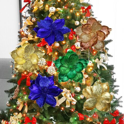 10 Pcs Large Christmas Flowers, Glitter Christmas Flowers 10in Green Artificial Magnolia Flower Ornaments Fold Floral for Christmas Tree Decorations Xmas Tree New Year Party Wedding Centerpiece in Saudi Arabia