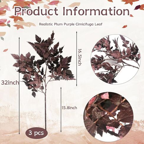 3 Pack Artificial Cimicifuga Plant Leaf 21 inch Faux Plum Cimicifuga Ramosa Leaf Branch Fall Cimicifuga Stems for Home Vase Table Wedding Farmhouse Mantel Harvest Decor(3, 21 inch) in Saudi Arabia