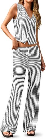 Tankaneo Womens 2 Piece Striped Sets Sleeveless V Neck Button Vest and Drawstring Pants Lounge Set in Saudi Arabia