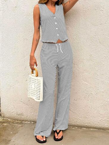 Tankaneo Womens 2 Piece Striped Sets Sleeveless V Neck Button Vest and Drawstring Pants Lounge Set in Saudi Arabia
