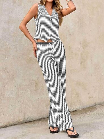 Tankaneo Womens 2 Piece Striped Sets Sleeveless V Neck Button Vest and Drawstring Pants Lounge Set in Saudi Arabia