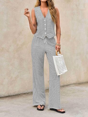Tankaneo Womens 2 Piece Striped Sets Sleeveless V Neck Button Vest and Drawstring Pants Lounge Set in Saudi Arabia